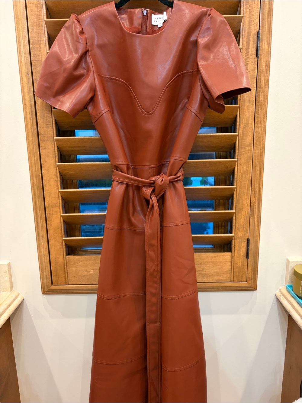 Tanya Taylor size 8 Rust Brown Faux-Leather Maxi Dress with Tie Waist